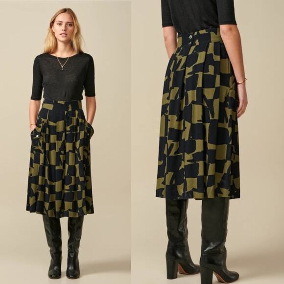 Bellerose Womens Hostie Mid Length Skirt in Black and Green Print Size 4/6 - Picture 1 of 12